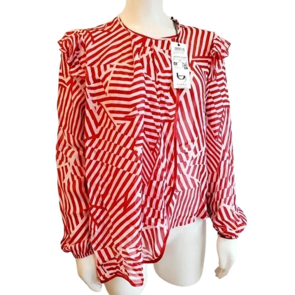 NWT‎ Byblos Viscose Georgette blouse Abstract Star Print Asymmetrical Hem 40/S